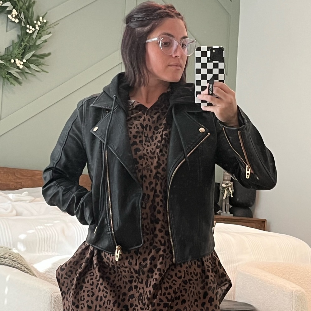 New blankNYC hooded black leather jacket with gold hardware